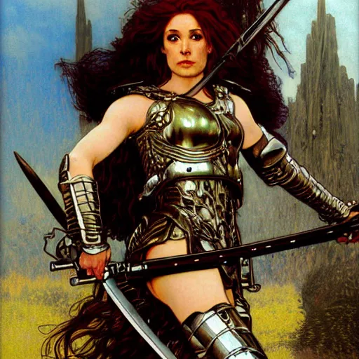 Prompt: quarter length portrait of a armored female valkyrie with a flaming sword, d & d, fantasy, luis royo, magali villeneuve, donato giancola, wlop, krenz cushart, hans zatka, klimt, alphonse mucha
