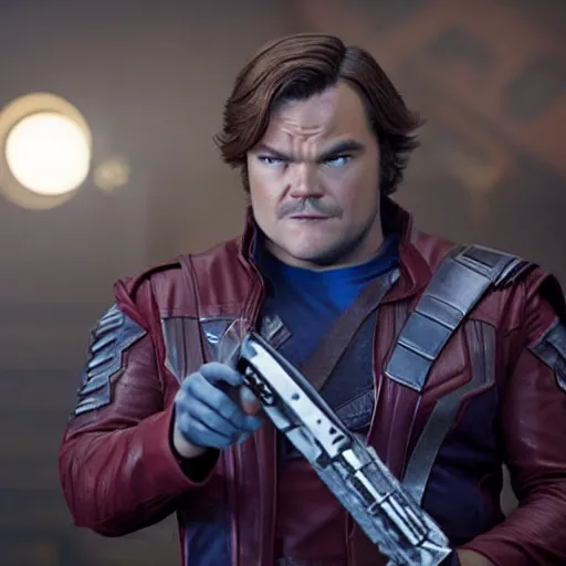 Image similar to film still of Jack Black as Star Lord in Guardians of the Galaxy