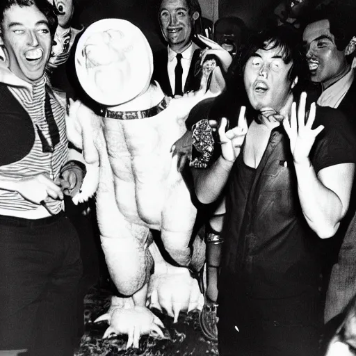 Image similar to godzilla partying at studio 5 4 b & w grainy photograph lots of celebrities including andy warhol