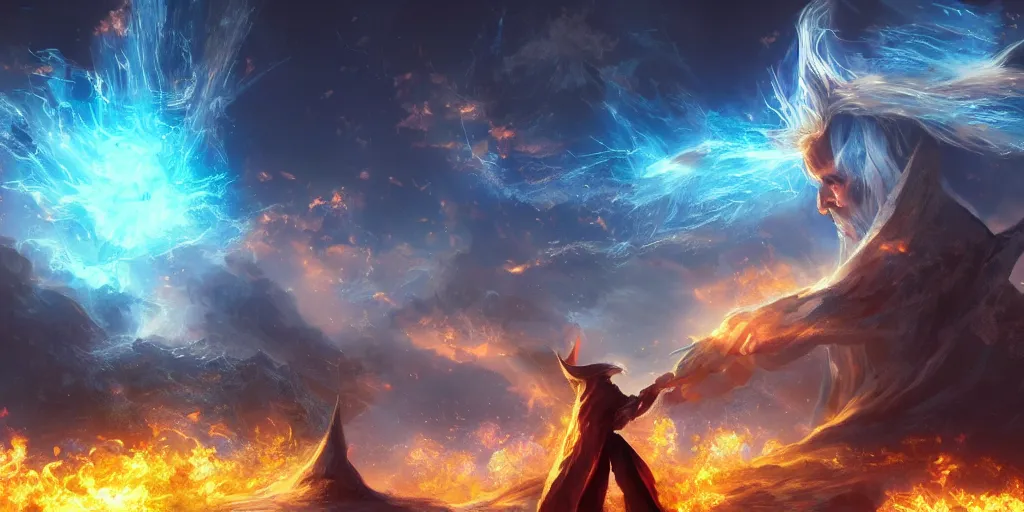 Prompt: wizard in front of magical explosion, fantasy, digital art, concept art, 8 k