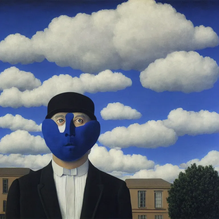 Prompt: portrait of a ghost, clouds in the background, by rene magritte, detailed painting, distance, middle centered, hd, hq, high resolution, high detail, 4 k, 8 k