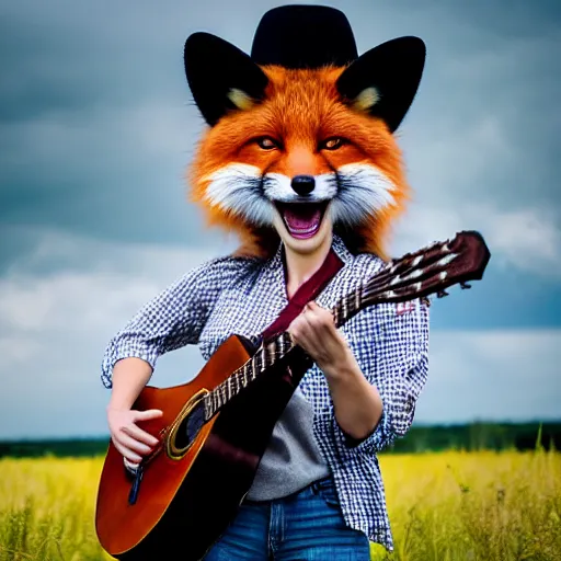 Image similar to a female fluffy anthropomorphic fox animal, head of fox, wearing cowboy hat, wearing plaid shirt, playing guitar, in a field, barn in background, album cover style