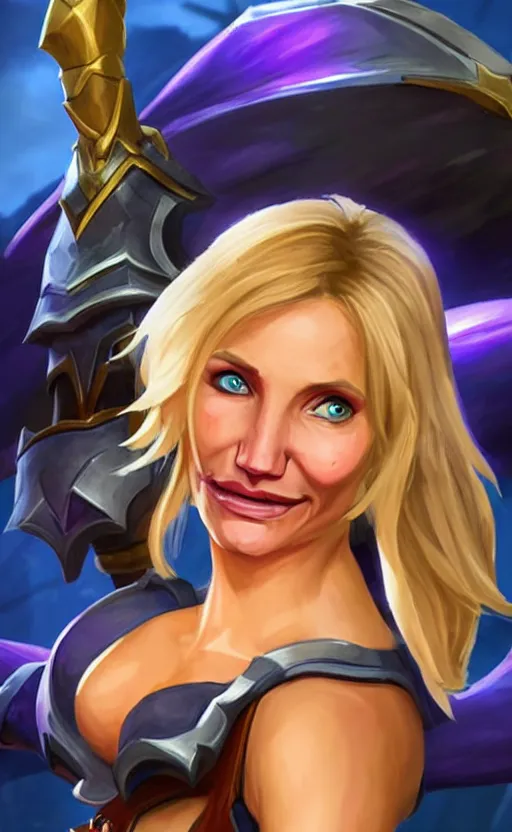 Image similar to Cameron Diaz as a character in the game League of Legends, with a background based on the game League of Legends, detailed face, old 3d graphics