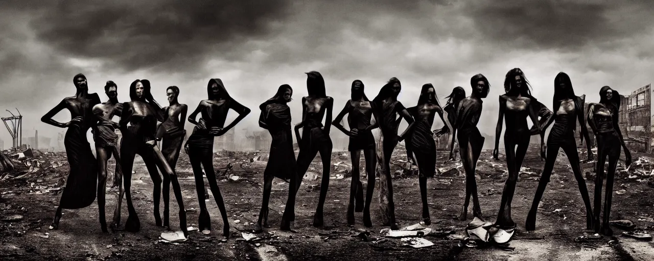 Prompt: a full length portrait of a group of super models, by Lee Jeffries, center spread of a fashion magazine, background wasteland, a storm of dust and nuclear fallout cover faces and landscape, collapsed buildings crumble in background, twisted bodies are seen in silhouette in clawing among the wreakage of their culture, Highly Detailed