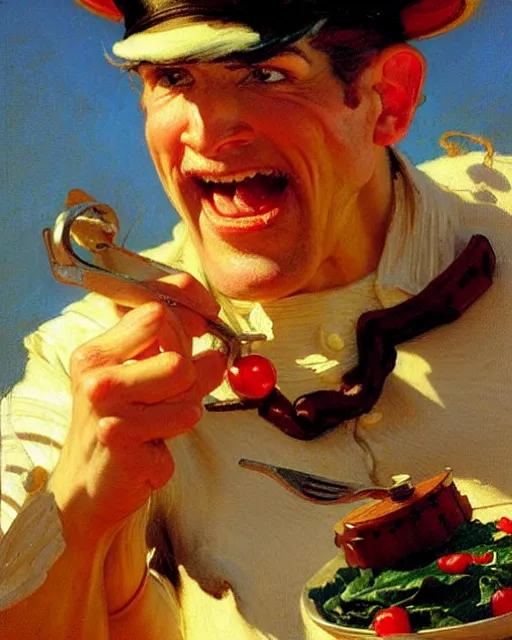 Image similar to attractive popeye the sailor man eating a spinach salad, painting by gaston bussiere, craig mullins, j. c. leyendecker,
