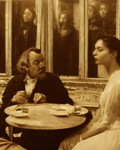 Image similar to a man and a woman sitting at a table, a screenshot by jean fautrier and by leila faithfull and by pierre roy, trending on pinterest, barbizon school, movie still, hall of mirrors, filmic