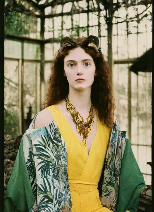 Prompt: Pre - raphaelit grainy head to shoulder portrait Polaroid film photograph of an elegant top model wearing a yellow kimono with a very detailed barn owl on her shoulder!!! sitting on a throne in a tropical greenhouse. looking at the camera!!. super resolution. Extremely detailed. Polaroid 600 film.