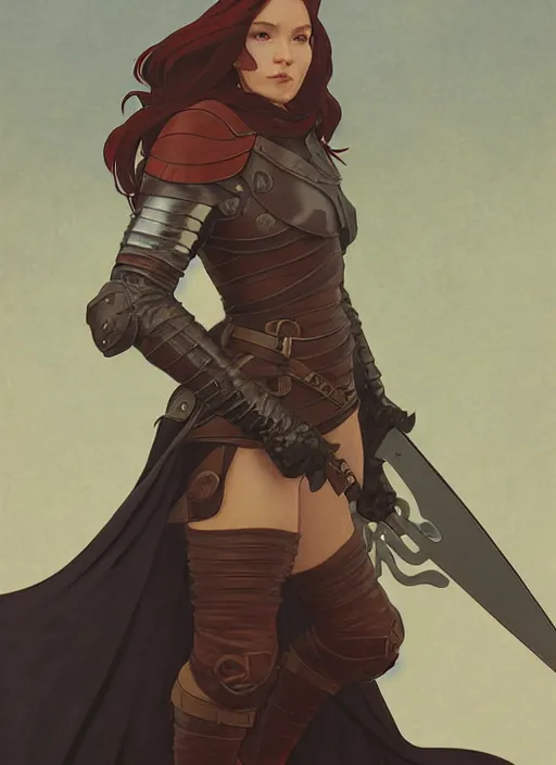 Image similar to strong female rogue in leather armor and cloak, path traced, highly detailed, high quality, digital painting, by studio ghibli and alphonse mucha, leesha hannigan, makoto shinkai, disney