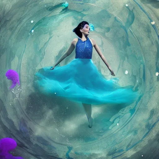 Image similar to beautiful modern woman dancing underwater wearing a flowing dress made of blue, magenta, and yellow seaweed, delicate coral sea bottom, swirling silver fish, swirling smoke shapes, octane render, caustics lighting from above, cinematic