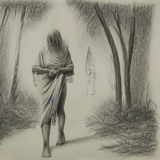 Image similar to bandaged mummy walks through camp, in jungle, pencil drawing, engraving, simple