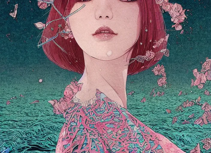 Prompt: lee jin - eun in luxurious dress emerging from pink and turquoise water in egyptian pyramid city during an eclipse by takato yamamoto, nicola samuri, conrad roset, m. k. kaluta, martine johanna, rule of thirds, elegant look, beautiful, chic, face anatomy, cute complexion