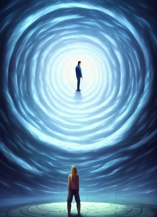 Image similar to a person standing in front of a large circular object, an album cover by cyril rolando, deviantart, magic realism, photoillustration, apocalypse art, matte drawing