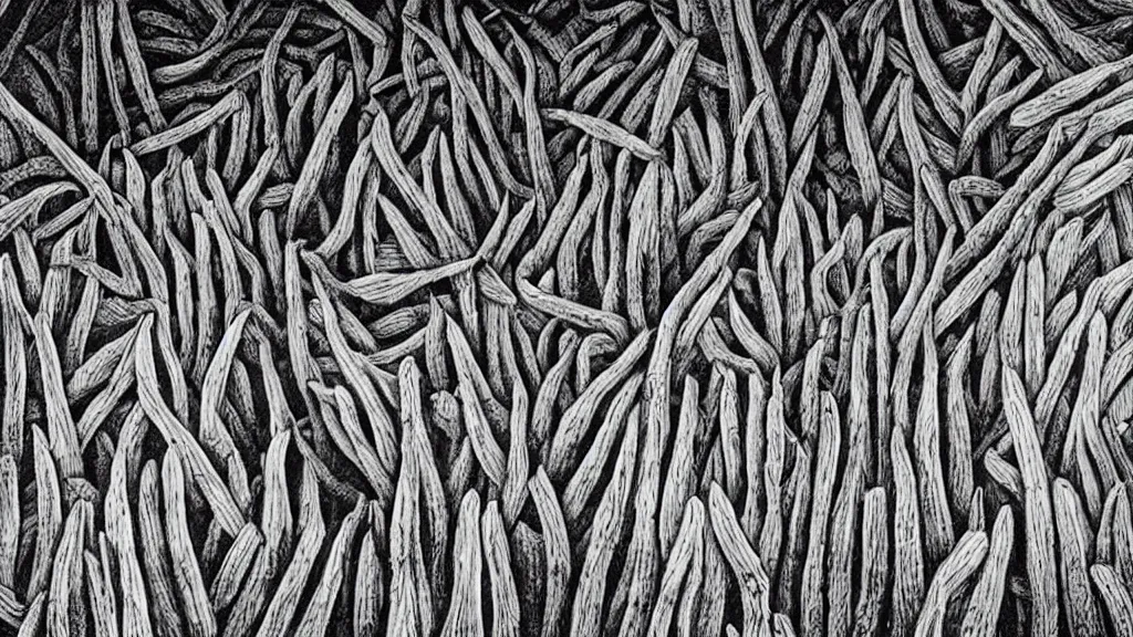 Image similar to a forest of fingers, by chris van allsburg and m. c. escher, fine inking lines, surreal fantasy