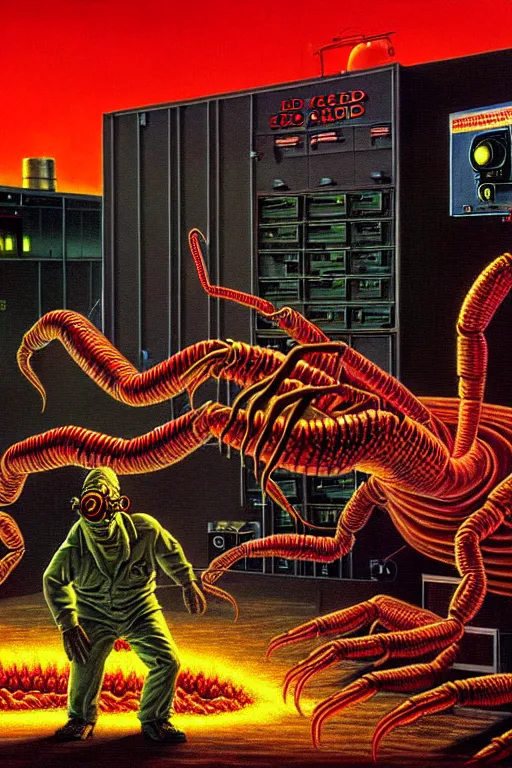 Prompt: a hyperrealistic detailed painting of a code red emergency at the nuclear power plant, radioactive scorpion radiation monster eating the laboratory, depth of field, by chris cunningham and richard corben, highly detailed, vivid color,