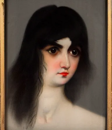 Prompt: dark oil portrait of a beautiful pale - skinned girl, in a white lace blouse, with black hair and short bangs, the corners of the eyes are turned down, small nose with piercing and a ring is inserted, brown eyes, long eyelashes, plump lips by francisco goya