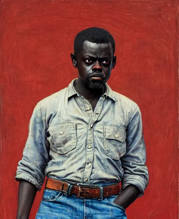 Image similar to portrait of daniel kaluuya as a rancher in oklahoma, art by denys tsiperko and bogdan rezunenko and thomas eakins, hyperrealism