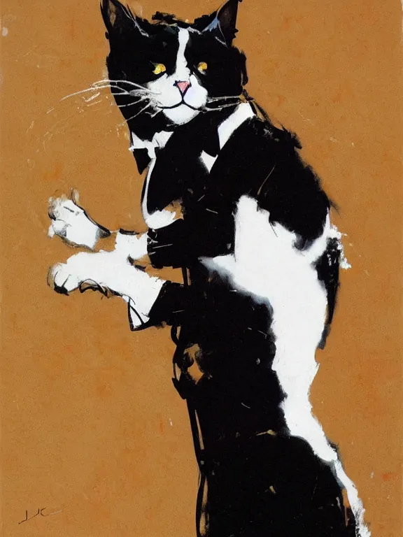 Image similar to a cat wearing a tuxedo by Jeffery Catherine Jones, Craig Mullins, gregory manchess