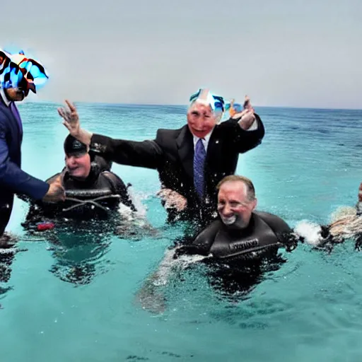 Prompt: putin, trump, obama and bush are below water scubadibing while smiling and having a great time