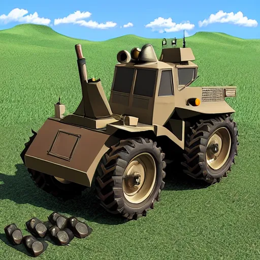 Image similar to armored! battle tractor! with plow! and weapons!, realistic, detailed, military