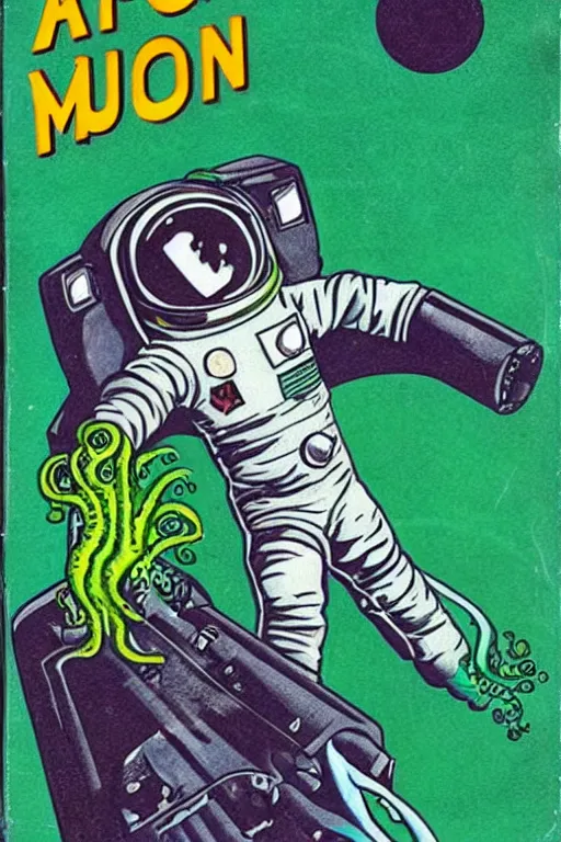 Prompt: pulp cover astronaut wielding a gun, green lunar surface, tentacle monster