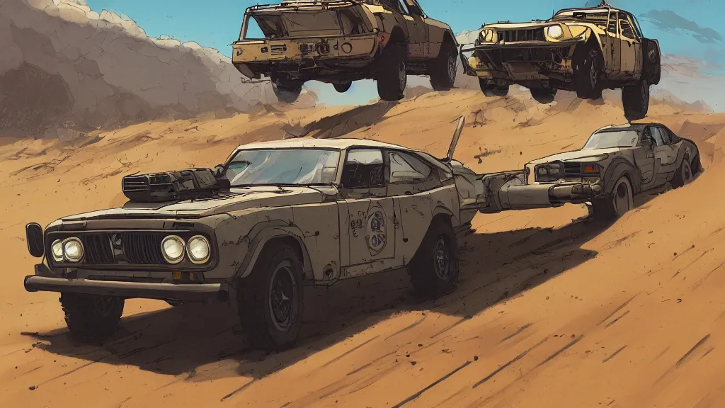 Image similar to digital illustration of mad max's fj 4 0 pursuit special, the last v 8 interceptor driving down a deserted dessert highway in the middle of the day by studio ghibli, anime style, by makoto shinkai, ilya kuvshinov, lois van baarle, rossdraws, basquiat