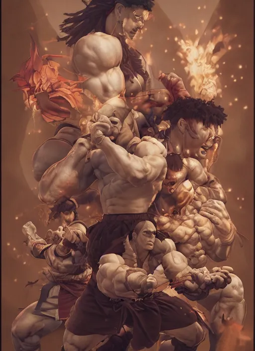 Image similar to street fighter, naturel, hyper detailed, digital art, trending in artstation, cinematic lighting, studio quality, smooth render, unreal engine 5 rendered, octane rendered, art style by klimt and nixeu and ian sprigger and wlop and krenz cushart