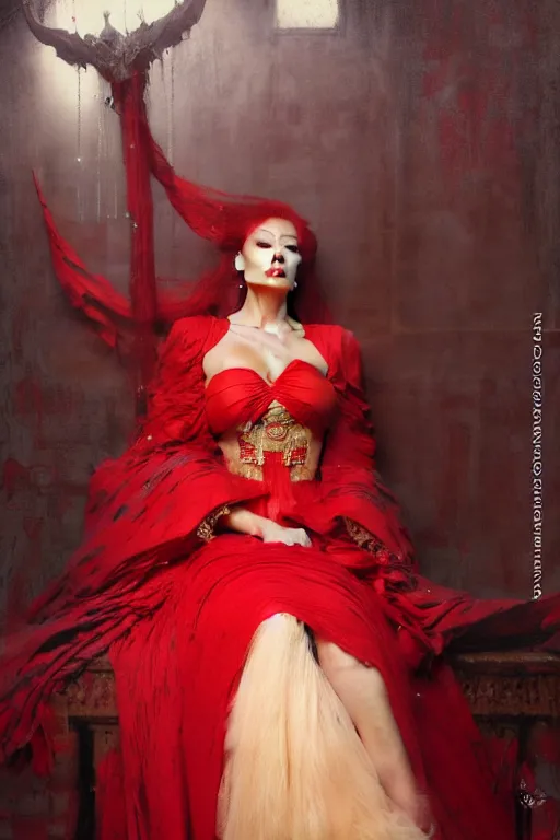Prompt: a full body portrait of a good - lookiung girl wearing red gown, high detail, cleary see face, by gaston bussiere, bayard wu, greg rutkowski, odd nerdrum, maxim verehin, dan dos santos, masterpiece, sharp focus, cinematic lightning
