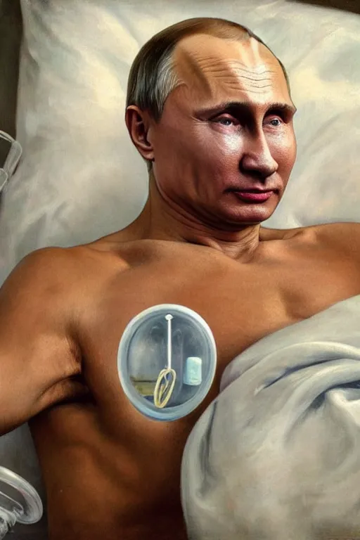 Image similar to a super very hyperrealistic oil painting of ill Vladimir Putin as a patient wearing an oxygen mask on a death bed inhaling from Copium tank that stand near his bed, visible face, fantasy, intricate, elegant, highly detailed, digital painting, artstation, concept art, smooth, sharp focus, illustration and alphonse mucha