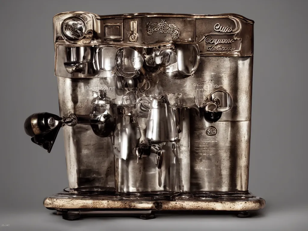 Prompt: wide angle photography of a antique coffee machine, by louis daquerre, product photography, small depth of field, fresh colors, trending on artstation