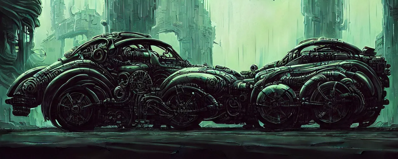 Prompt: shiny cyberpunk vehicle reminiscent of fast car with robotic enhancements parked in ancient mystic woods, gothic and baroque, brutalist architecture, ultradetailed, creepy ambiance, fog, artgerm, giger, Intricate by Ellen Jewett and Josan Gonzalez and Giuseppe Arcimboldo