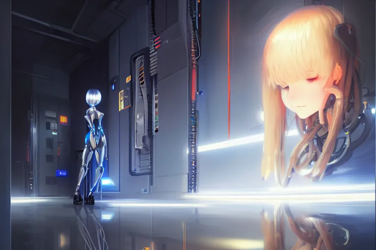 Image similar to datacenter room connects cables young robot server android baroque oil painting finely detailed perfect face flowing long fiberoptics blonde hair robot eyes blue. anime shinkai takeuchi key visual of character concept art metal female robot body suit pixiv fanbox, painted by greg rutkowski