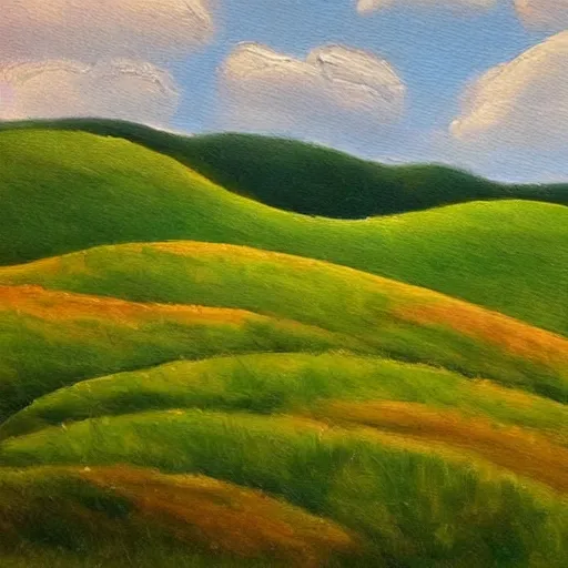Prompt: !dream A painting of a landscape, with rolling hills, green fields, and a blue sky, in a pastoral style.