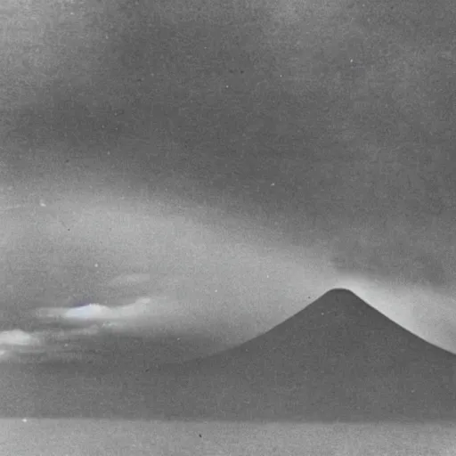 Image similar to cinematic photo of hundreds of zeppelins clustered around an active volcano on an island