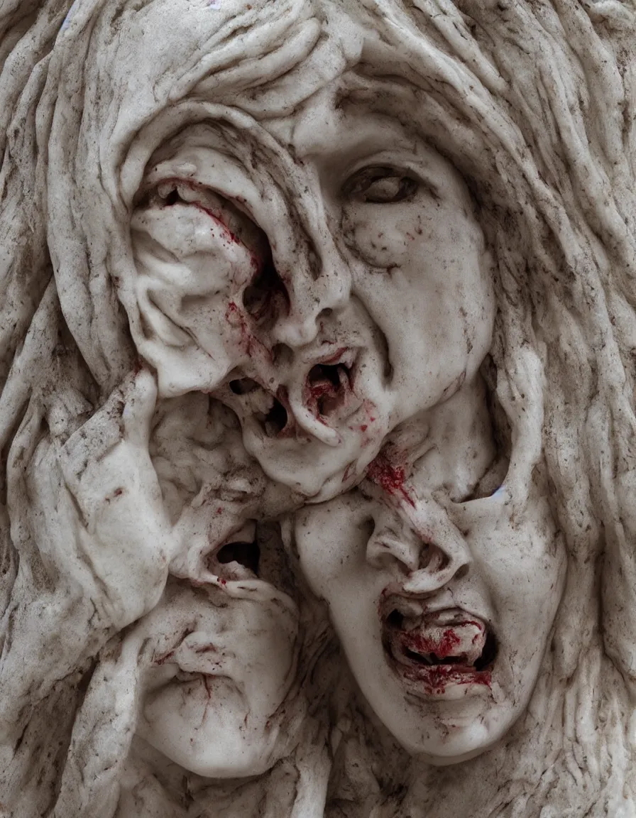 Prompt: woman marble statue, horror, bloody face, long teeth, trailcam