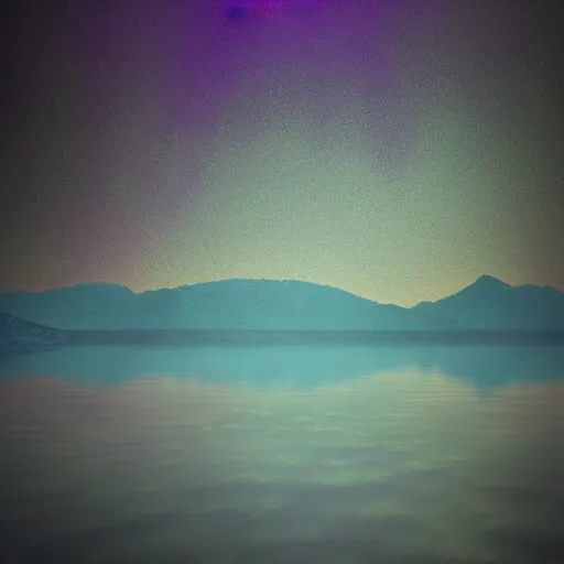 Image similar to Purple haze over a lake at night. Award-winning digital art, trending on ArtStation