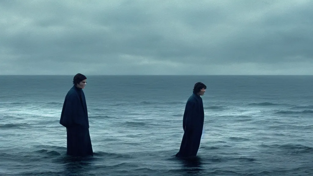 Prompt: Cillian Murphy coming out of the ocean, film still from the movie directed by Denis Villeneuve with art direction by Zdzisław Beksiński, wide lens