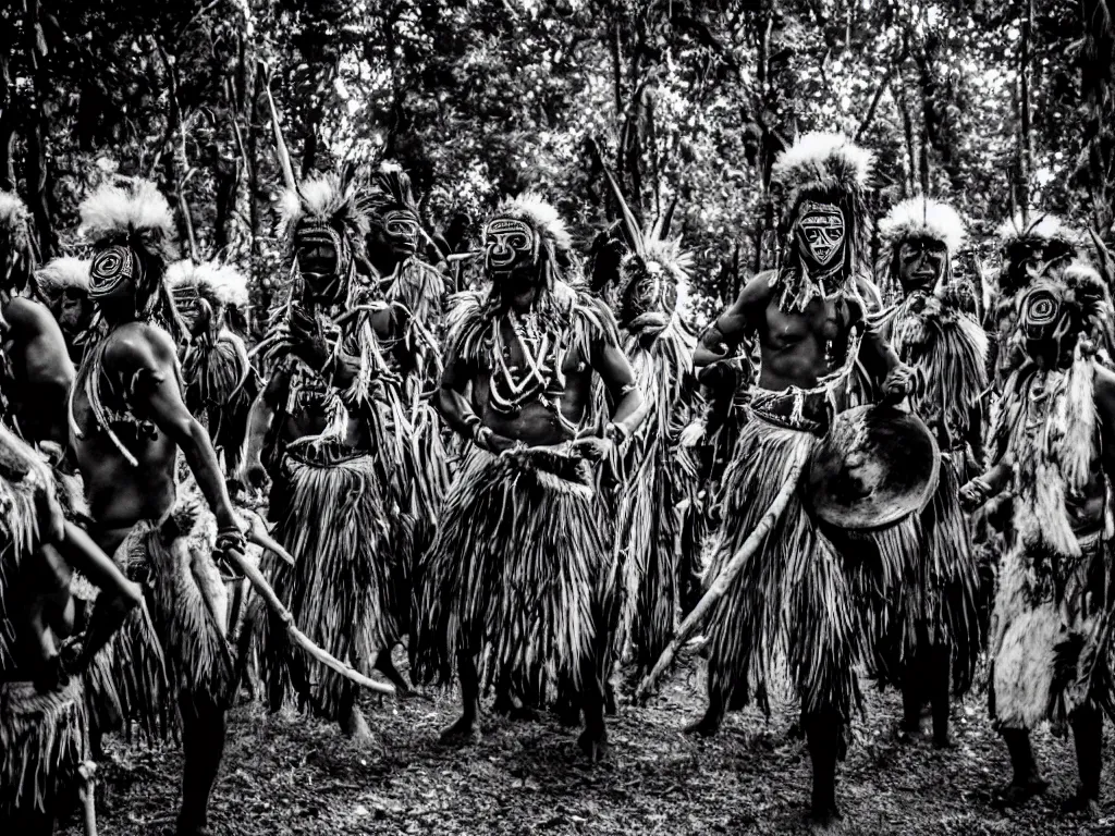 Image similar to cinematic, film grain, 3 5 mm, photography, midnight, ancient baluba tribe ceremony, shamans wearing fearsome tribal ancestors masks, emerging from dark woods, drummer, tribal dancers, transe, fire, congo, luba tribe