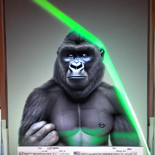 Prompt: laser projection of adult gorilla : : dark room