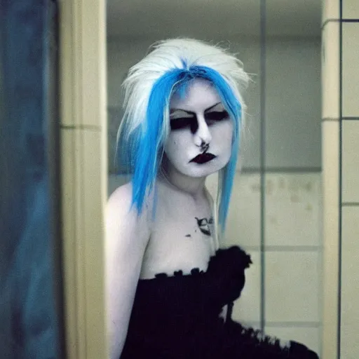 Image similar to a 2 0 y. o. girl with white hair and makeup in a bathroom, an album cover by nan goldin, tumblr, international gothic, goth, antichrist, gothic