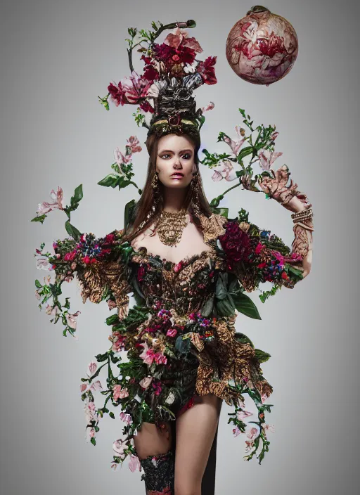 Prompt: full body environmental portrait photo of a young and beautiful female model, ornate headpiece made from flowers, ornaments, glamour shot by gemmy woud - binnendijk, chris knight, photorealistic, canon r 3, fashion photography, ornate, symmetrical features, octane render, unreal engine, solid dark background, clamp shell lighting, rim lighting