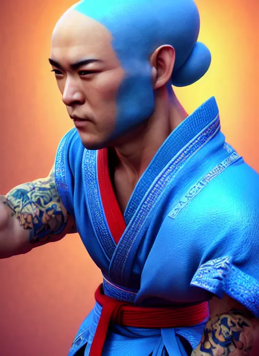 Prompt: bald male martial artist with a high ponytail!!!! asian facial features and blue eyes!! intricate ornate blue robes!! character concept art, sharp focus, octane render! unreal engine 5! highly rendered!! trending on artstation!! detailed linework!! illustration by artgerm, wlop, and chie yoshii