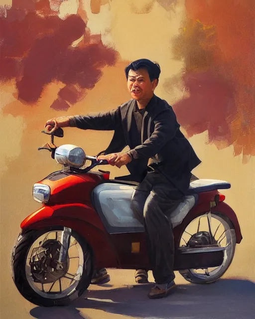 Prompt: greg manchess portrait painting of asian middle age man on moped motorbike burning, medium shot, asymmetrical, profile picture, organic painting, sunny day, matte painting, bold shapes, hard edges, street art, trending on artstation, by huang guangjian and ail elvgren and sachin teng