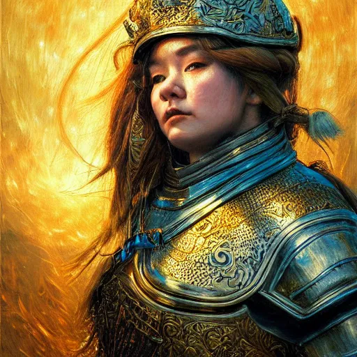 Image similar to realistic portrait of dwarf queen in armor, atmospheric lighting, painted, intricate, volumetric lighting, beautiful, washed deep colors masterpiece, golden hour, sharp focus, ultra detailed, by Chie Yoshii, Kai Carpenter, Ignacio Fernández Ríos