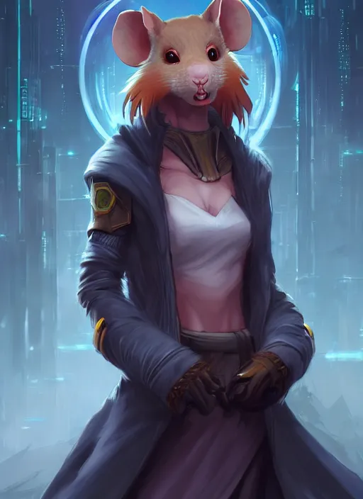 Image similar to commission of a beautiful portrait of a female anthro rat fursona wearing jedi robes in a forested cyberpunk city. character design by charlie bowater, ross tran, artgerm, and makoto shinkai, detailed, soft lighting, rendered in octane