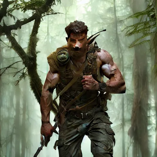 Image similar to Rugged male ranger running through the forest, masculine, D&D, muscular, fantasy, intricate, elegant, highly detailed, digital painting, artstation, concept art, smooth, sharp focus, illustration, art by artgerm and greg rutkowski and alphonse mucha