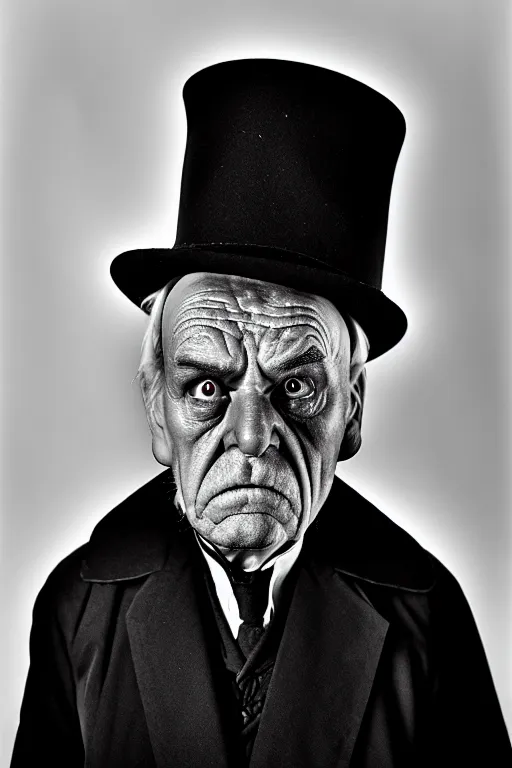 Prompt: a sour, serious faced old man, a stereotypical undertaker from an old movie, black and white image, 3 5 mm lens studio photography