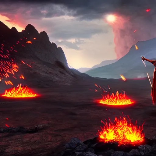 Image similar to epic battle between two wizards, lava in the background, cinematic, establishing shot