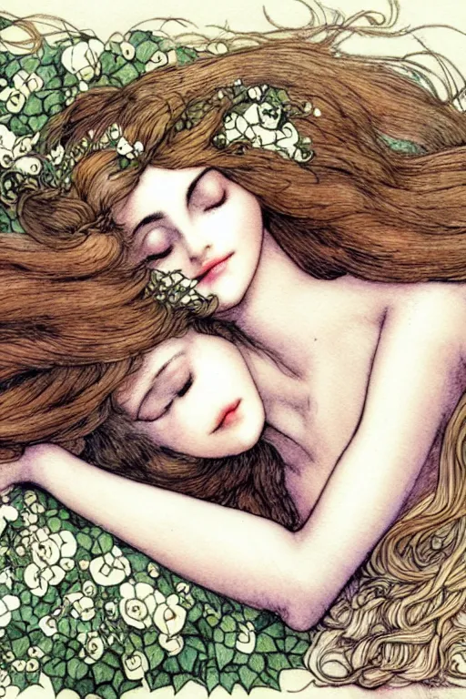 Image similar to closeup face shot of sleeping woman with long hair on a bed surrounded by ivy and flowers, fantasy art, trending on artstation, sleeping beauty fairytale, art by luis royo and walter crane and kay nielsen, watercolor illustration,