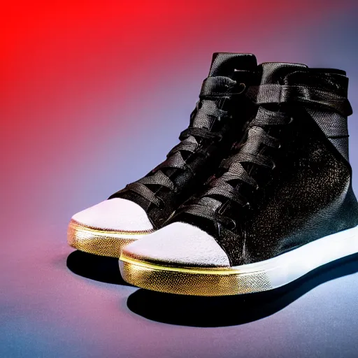 Prompt: a pair of sneakers based off of christmas, award winning product photography, studio lighting, black background,