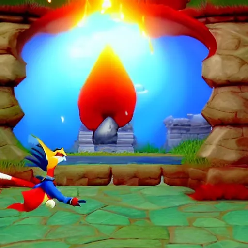 Prompt: screenshot of a humanoid gryphon bard with a red coat as an enemy in spyro the dragon video game, with playstation 1 graphics, activision blizzard, upscaled to high resolution